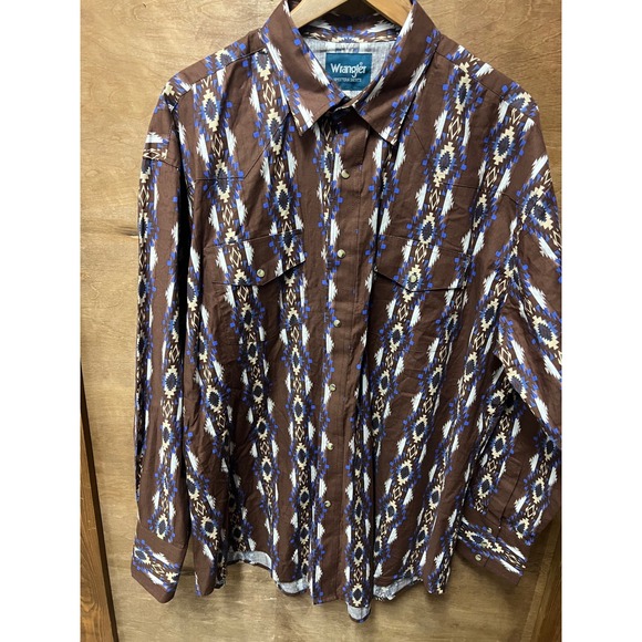 Wrangler Other - Wrangler Mens XXL Western Snap Shirt Brown Blue Aztec Geometric Pearl Snap Print